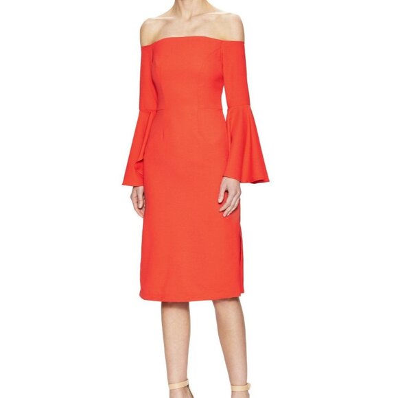 Renvy LARGE Red Orange Off shoulder bell sleeved flared dress - Picture 1 of 4
